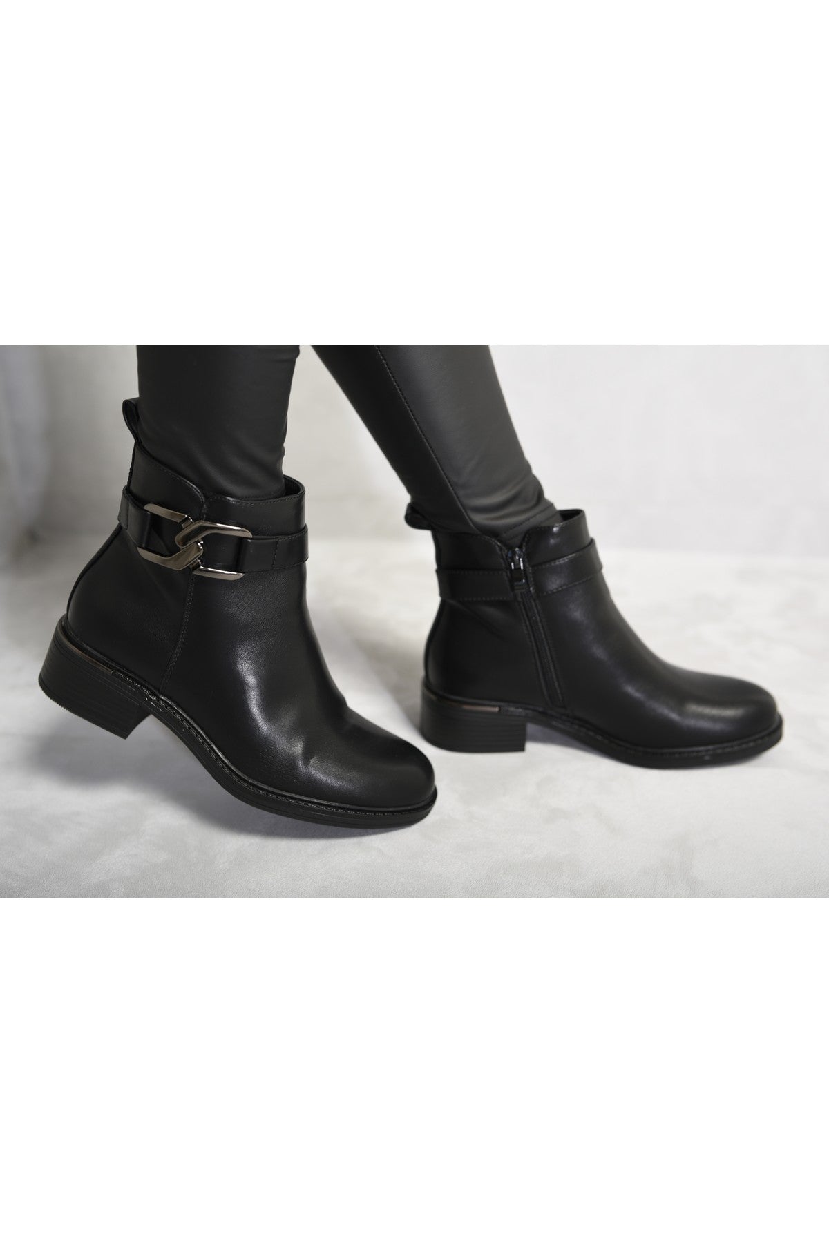 Valeria Buckle Side Zipper Closure Ankle Boots - Black