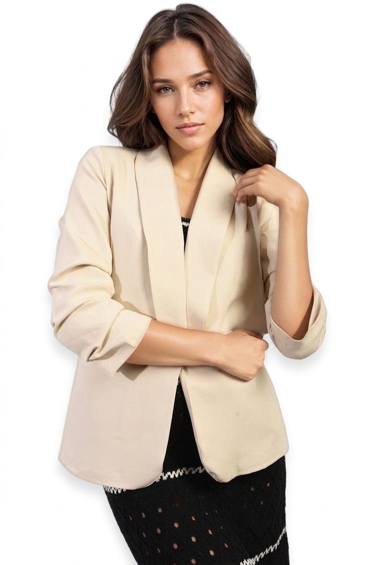 Valerie Ruched Sleeve Open Front Blazer Jacket With Front Pockets - Beige_wb