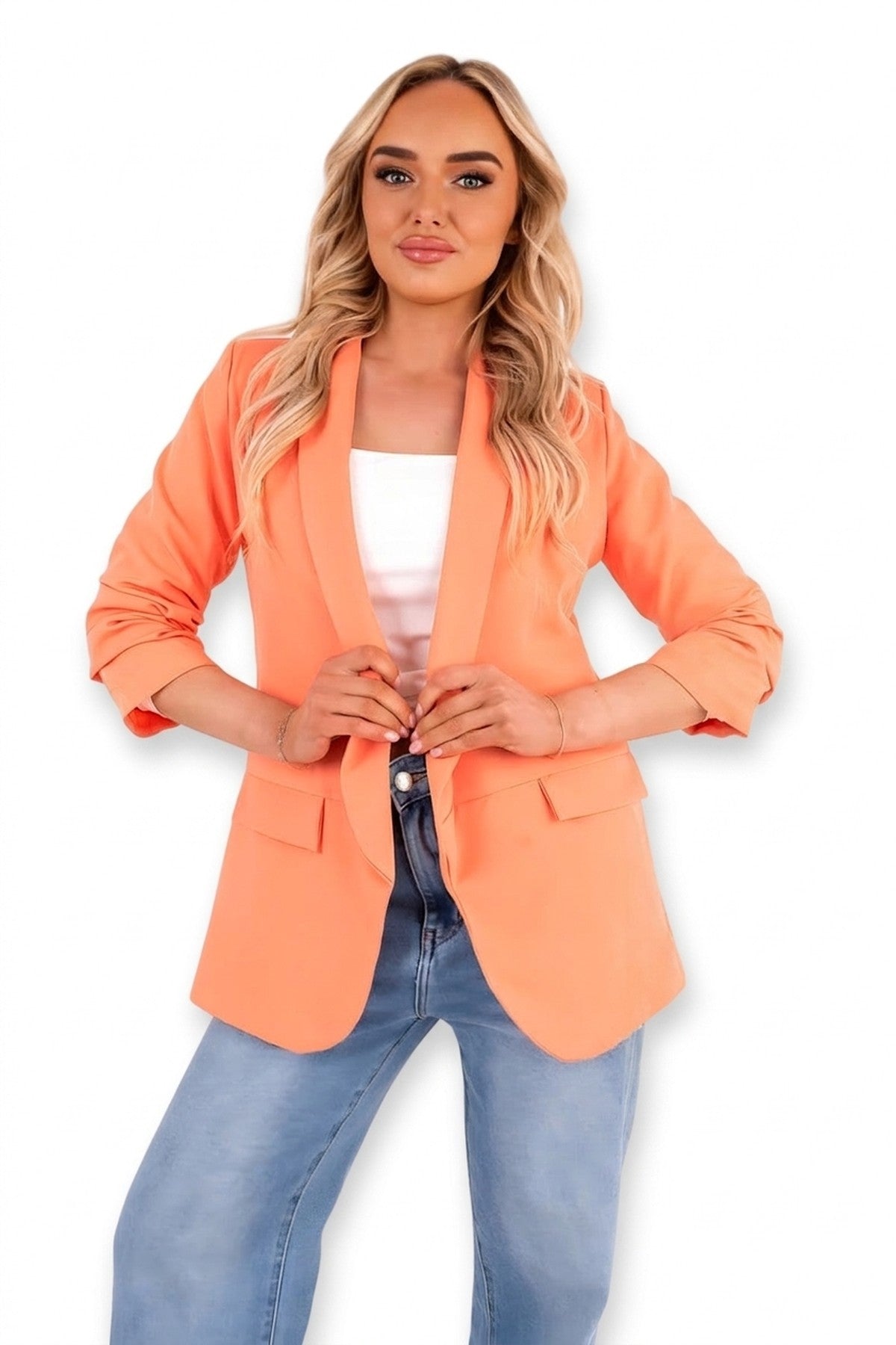 Valerie Ruched Sleeve Open Front Blazer Jacket With Front Pockets - Bright Orange_wb