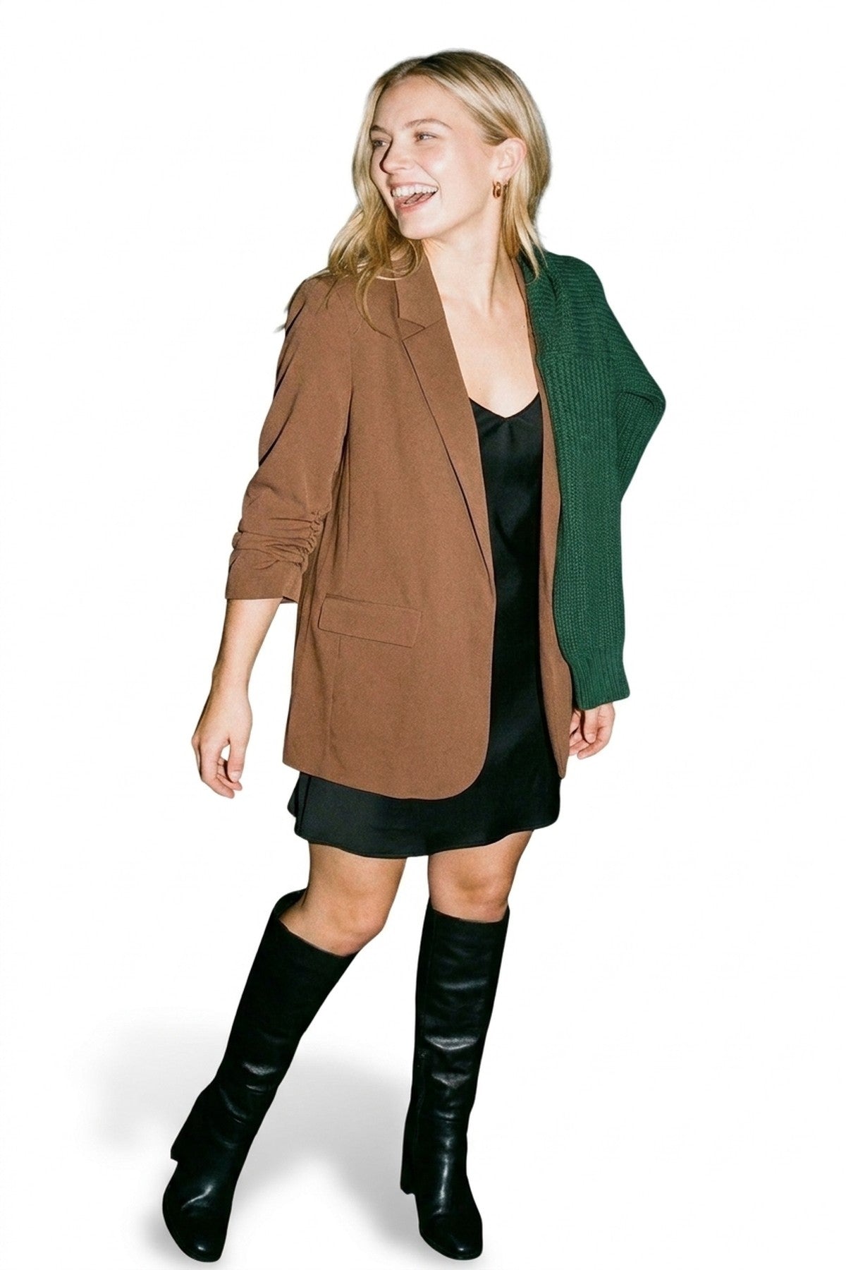 Valerie Ruched Sleeve Open Front Blazer Jacket With Front Pockets - Brown_wb