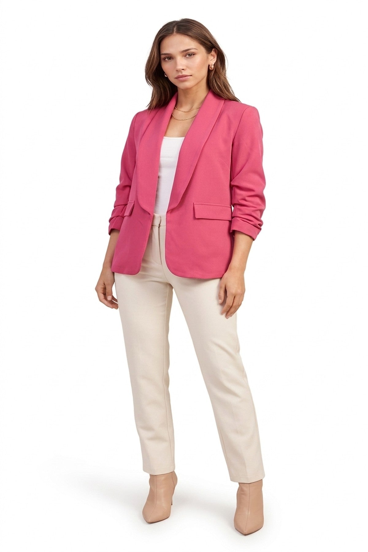 Valerie Ruched Sleeve Open Front Blazer Jacket With Front Pockets - Fuschia_wb