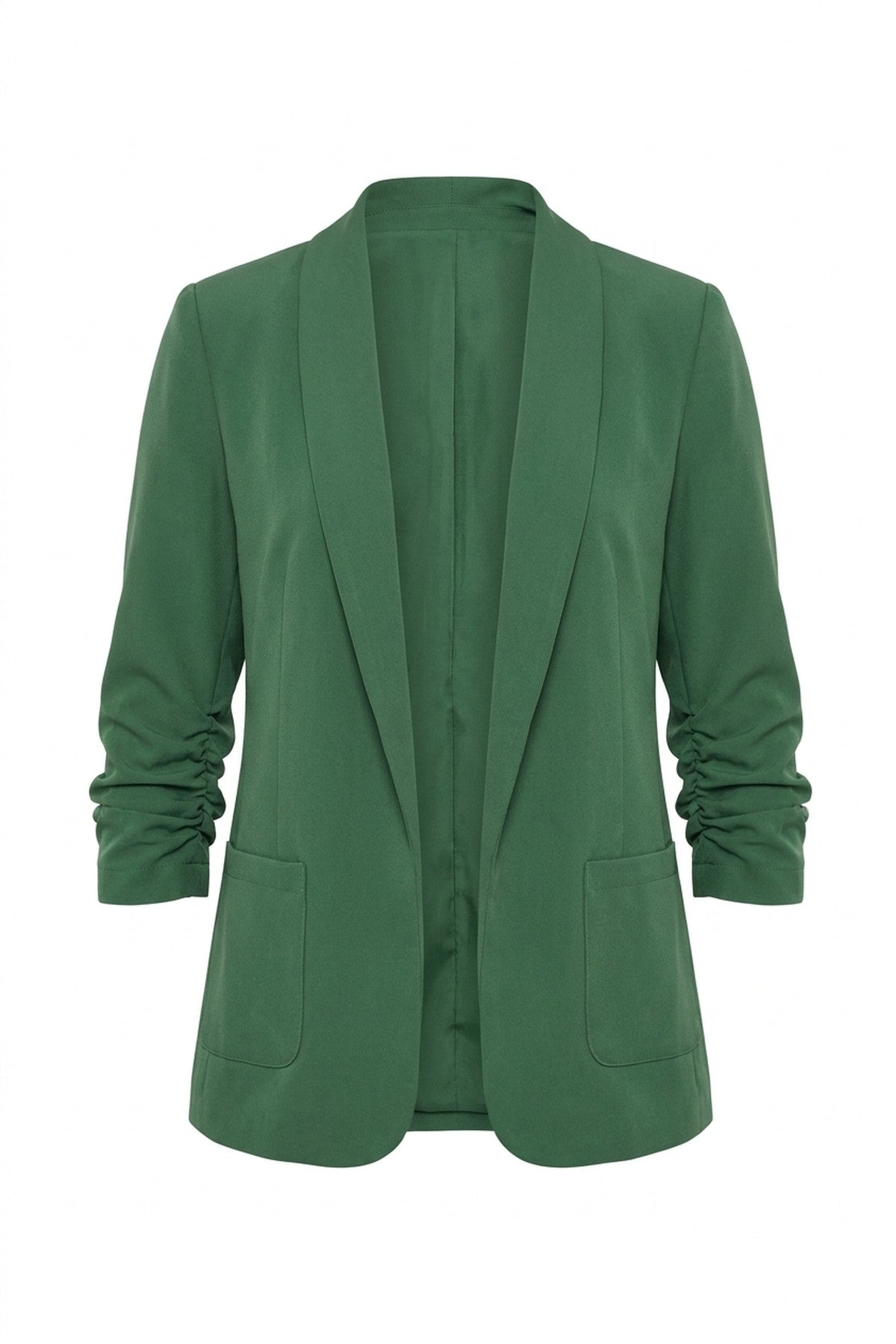 Valerie Ruched Sleeve Open Front Blazer Jacket With Front Pockets - Green_wb