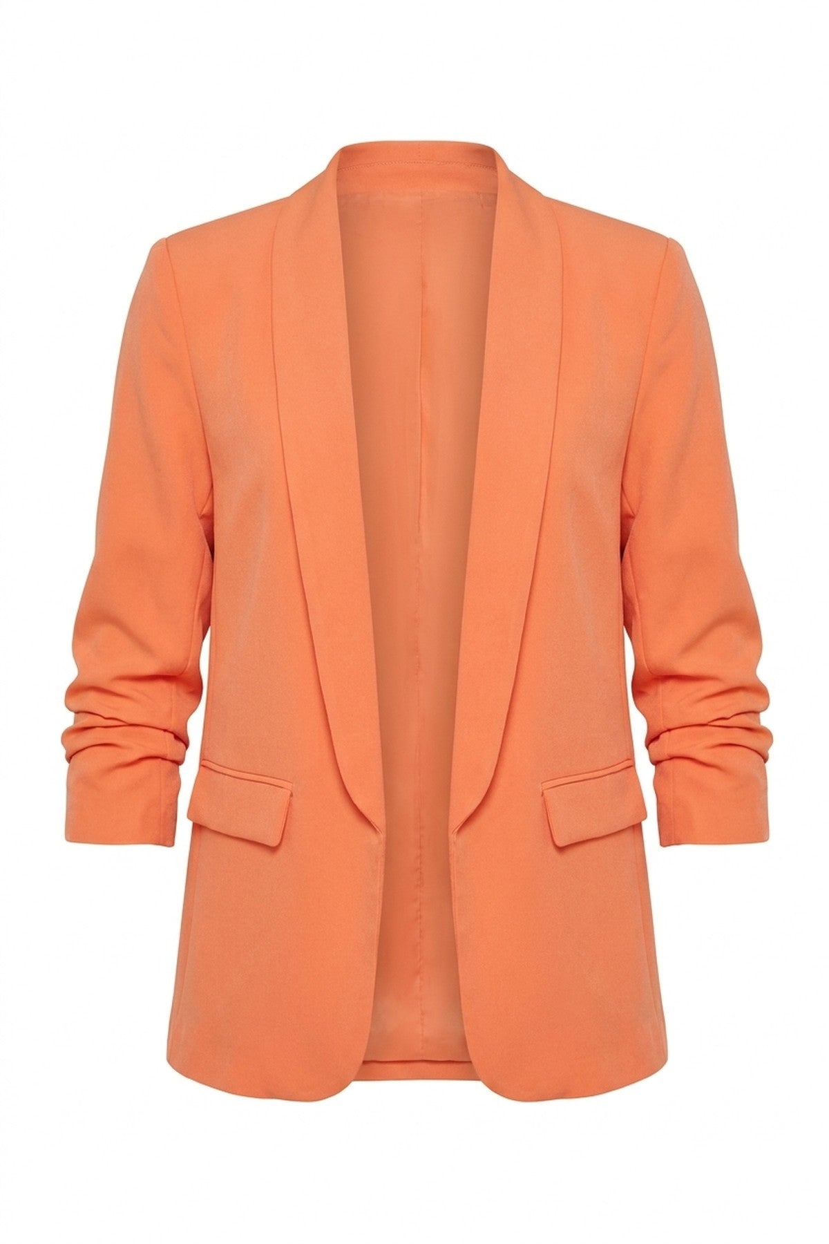 Valerie Ruched Sleeve Open Front Blazer Jacket With Front Pockets - Orange_wb