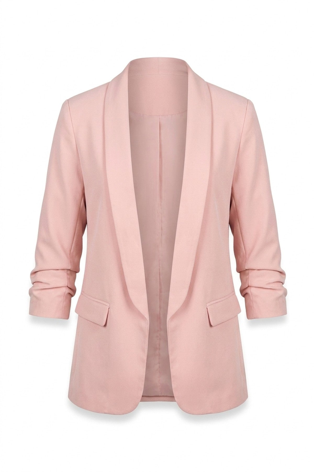 Valerie Ruched Sleeve Open Front Blazer Jacket With Front Pockets - Pink_wb