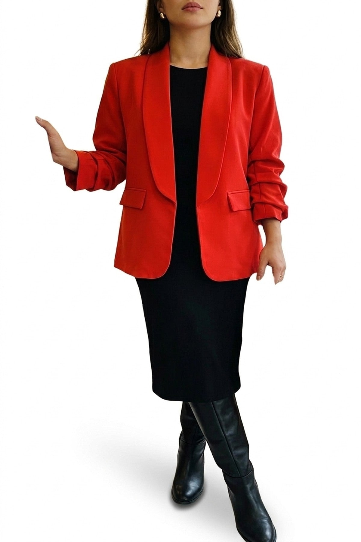 Valerie Ruched Sleeve Open Front Blazer Jacket With Front Pockets - Red_wb
