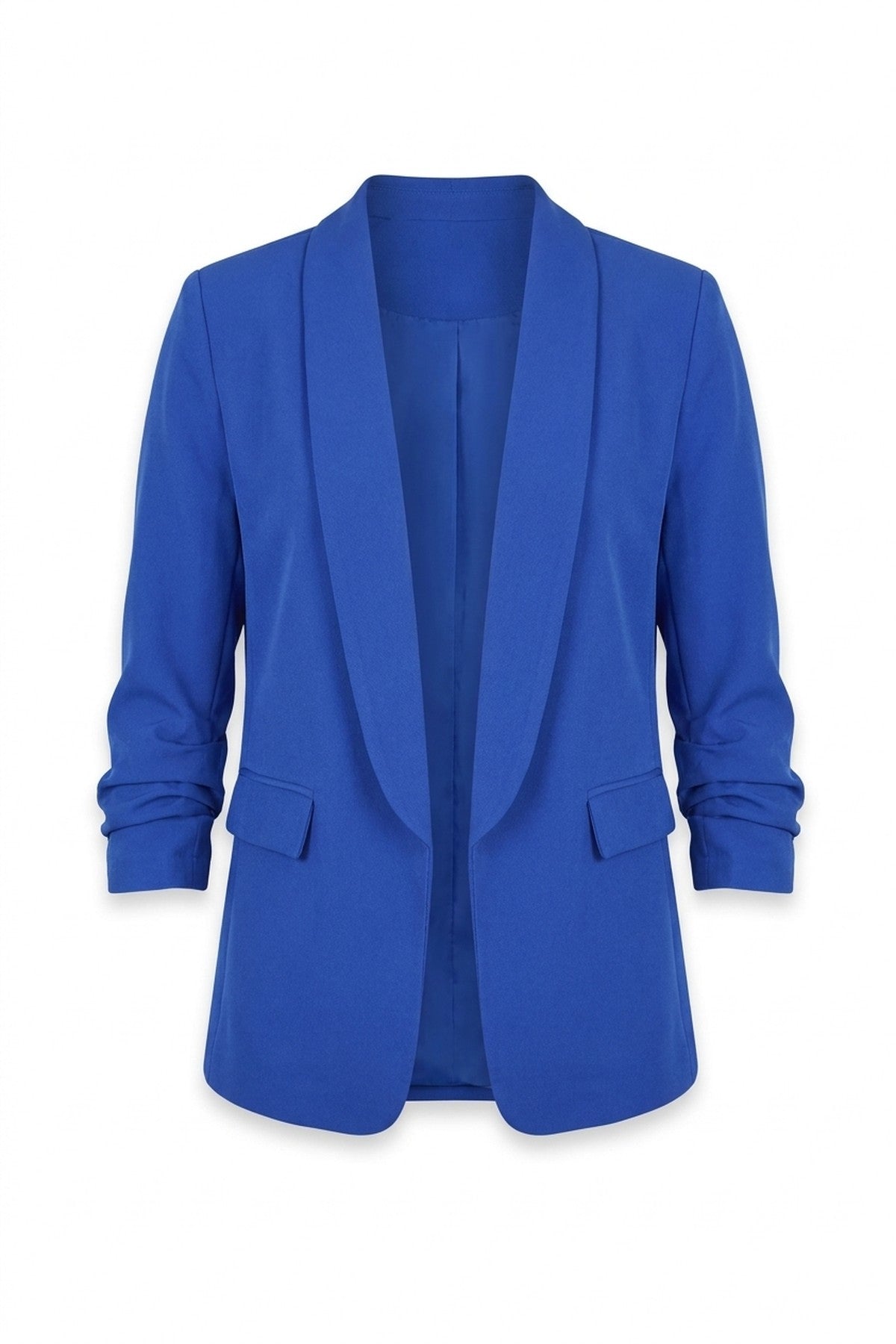 Valerie Ruched Sleeve Open Front Blazer Jacket With Front Pockets - Royal_wb