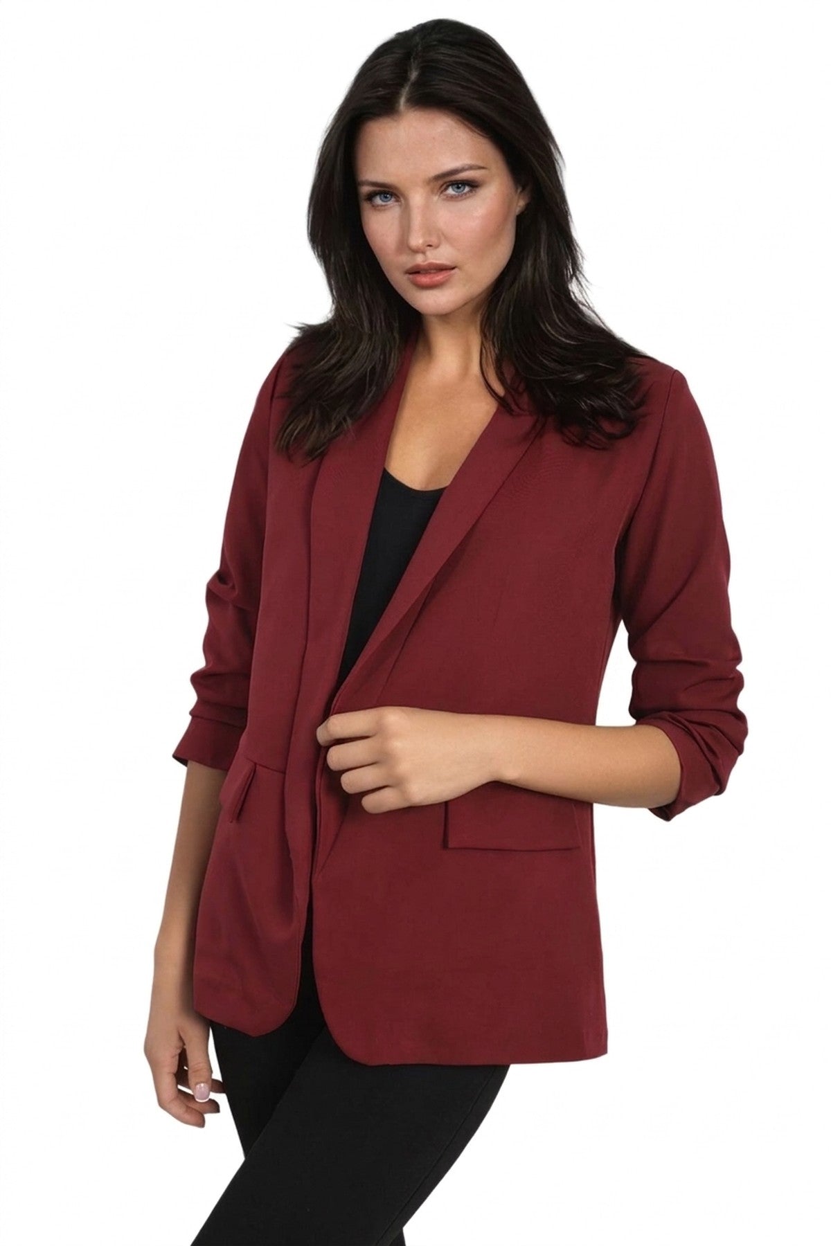 Valerie Ruched Sleeve Open Front Blazer Jacket With Front Pockets - Wine_wb
