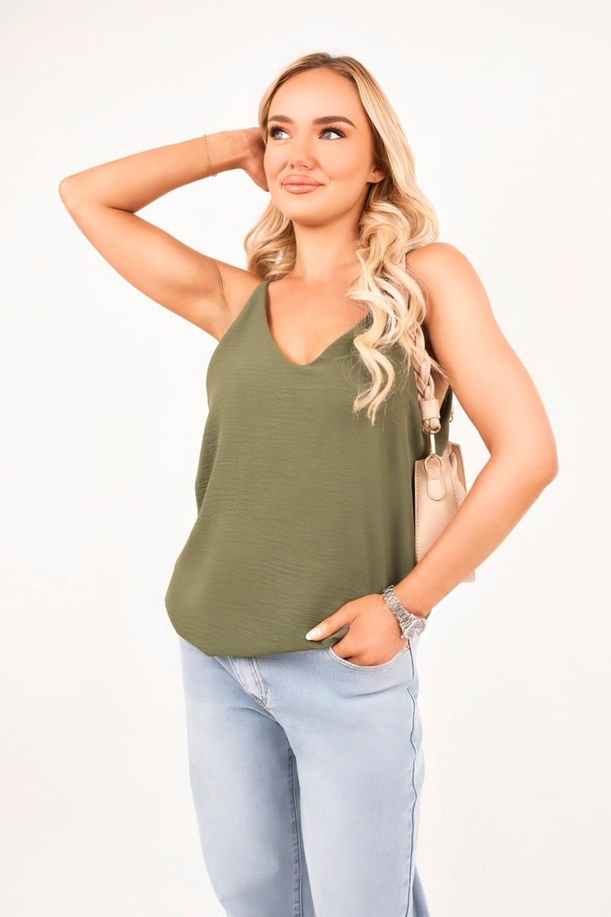 Vanya Sleeveless Scoop Neck Relaxed Fit Top - Khaki
