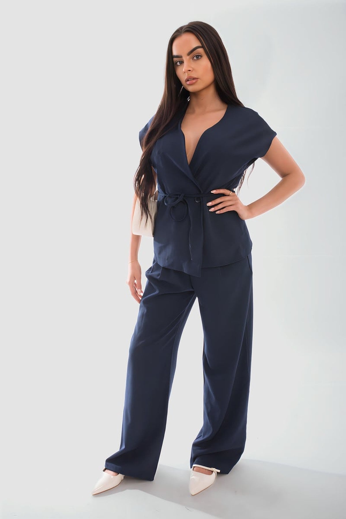 Vera Belted Sleeveless Vest Top And Trouser Co-ord Set - Navy