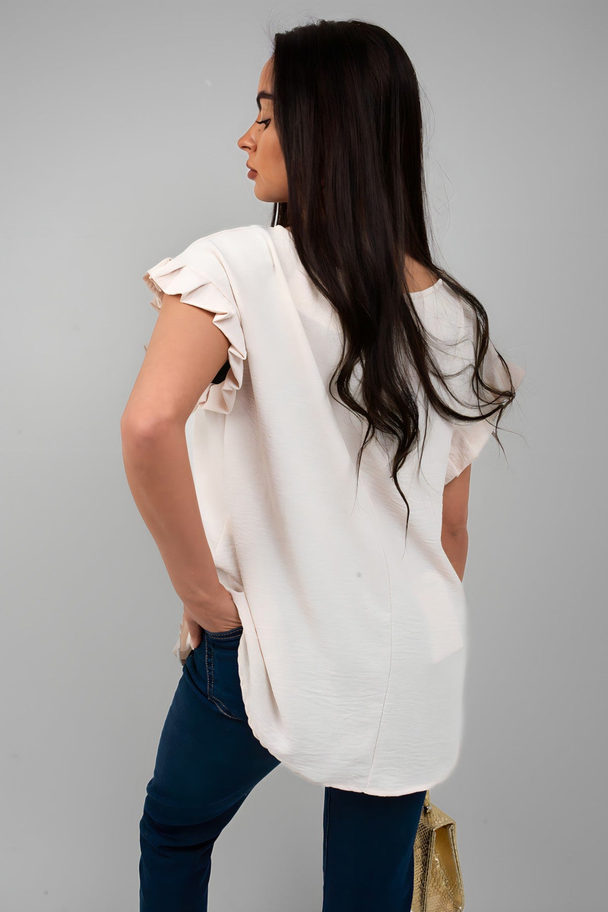 Vera Ruffle Trim Sleeve Top - Beige