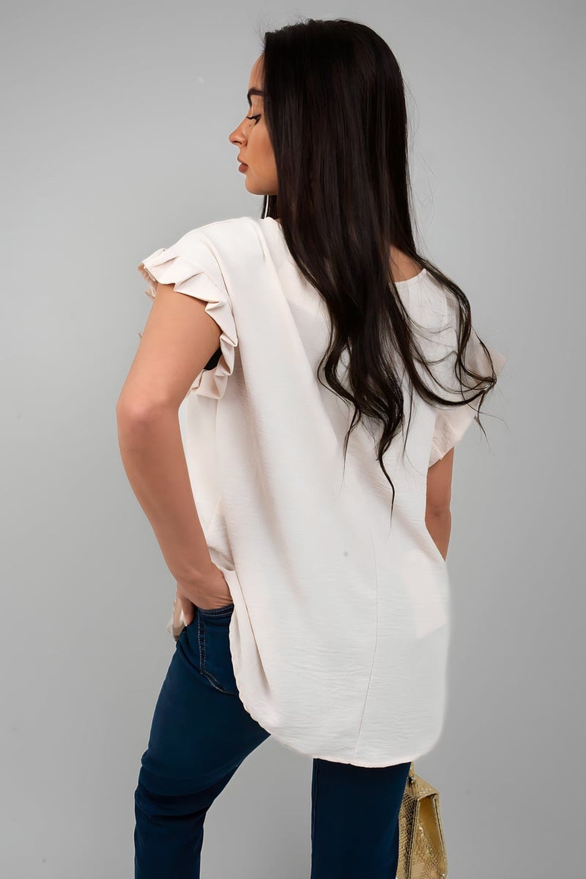 Vera Ruffle Trim Sleeve Top - Beige