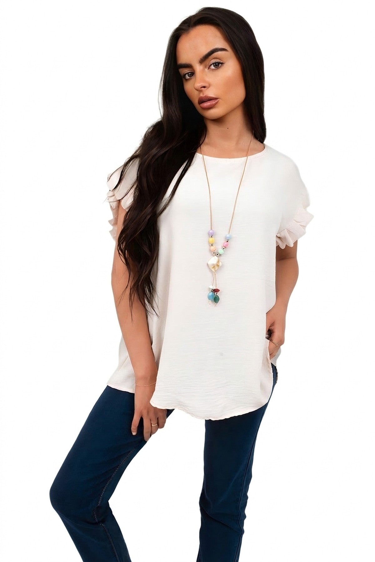 Vera Ruffle Trim Sleeve Top - Beige_wb