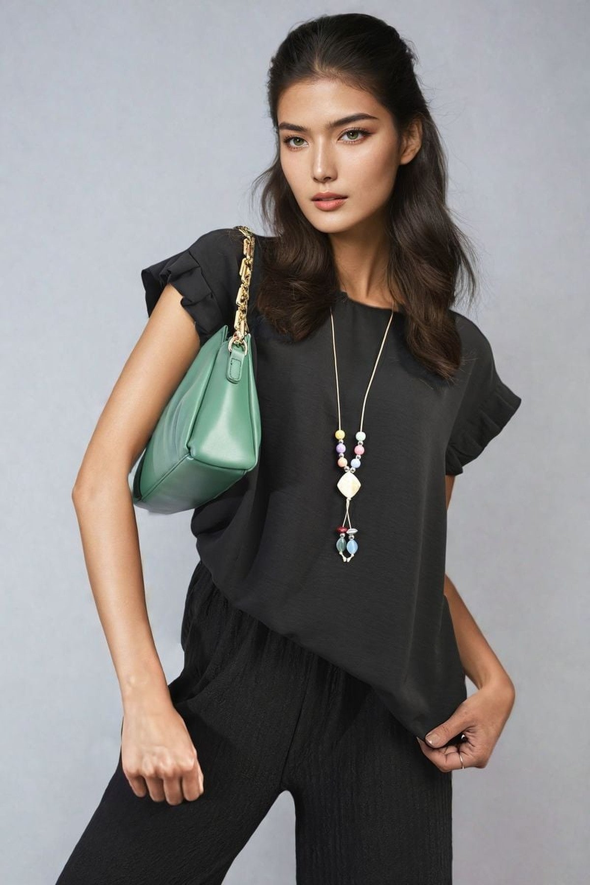 Vera Ruffle Trim Sleeve Top - Black