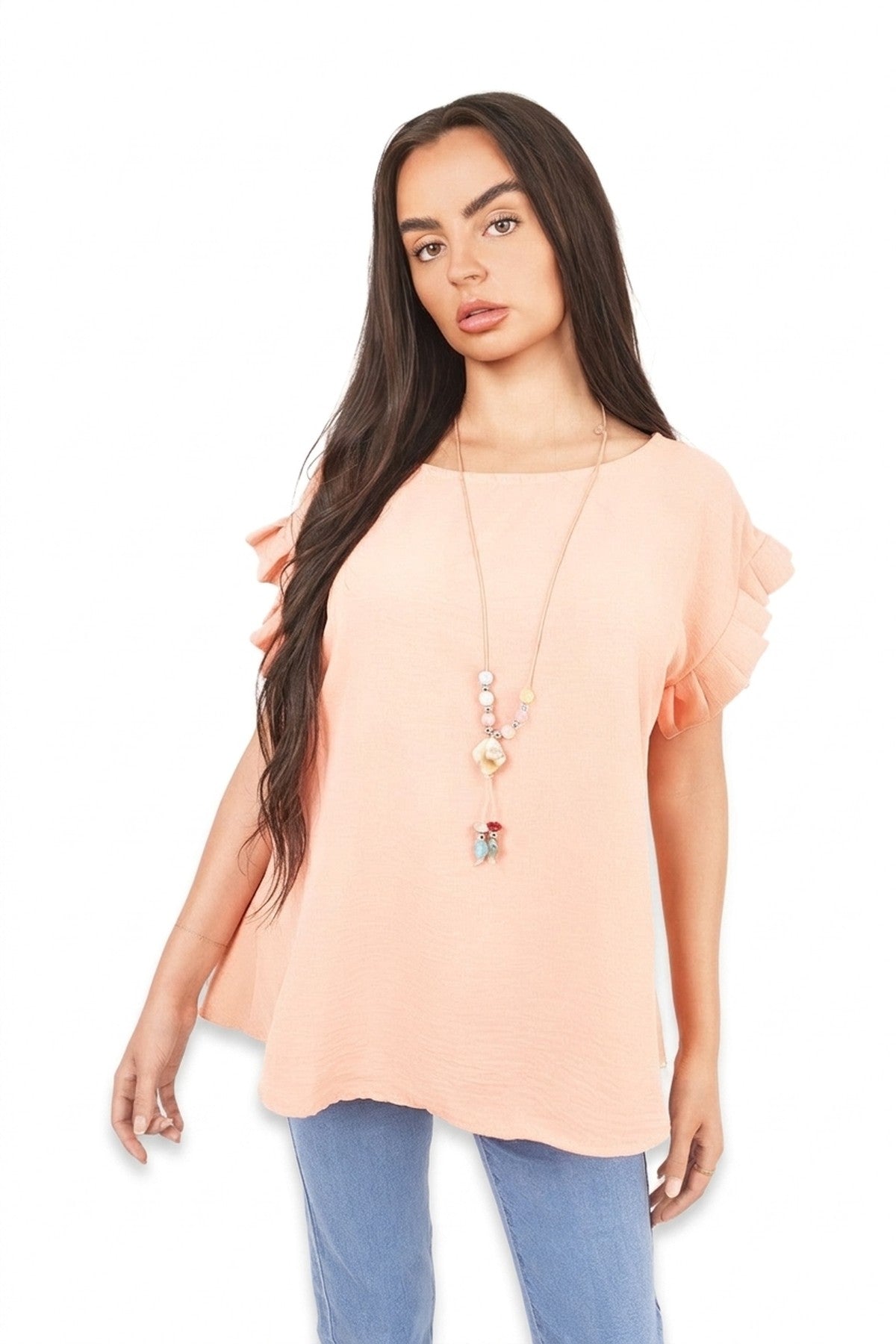 Vera Ruffle Trim Sleeve Top - Coral_wb