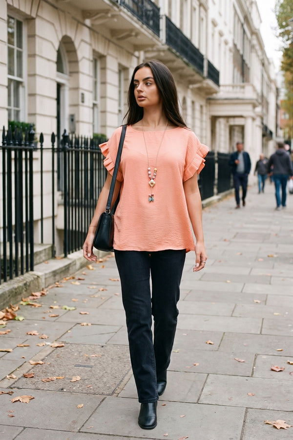 Vera Ruffle Trim Sleeve Top - Coral