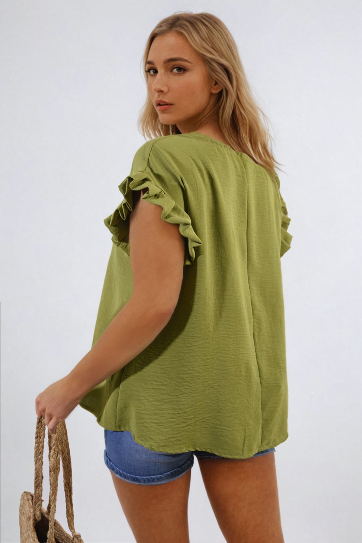 Vera Ruffle Trim Sleeve Top - Green