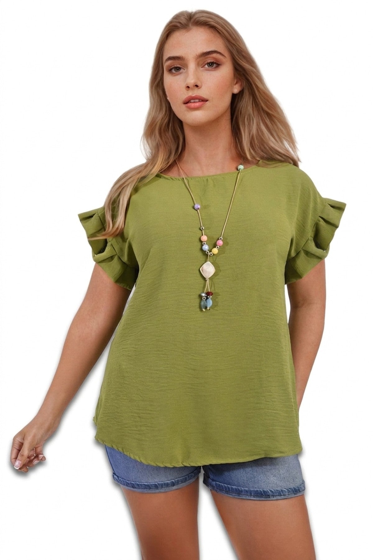 Vera Ruffle Trim Sleeve Top - Green_wb