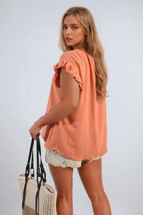 Vera Ruffle Trim Sleeve Top - Orange