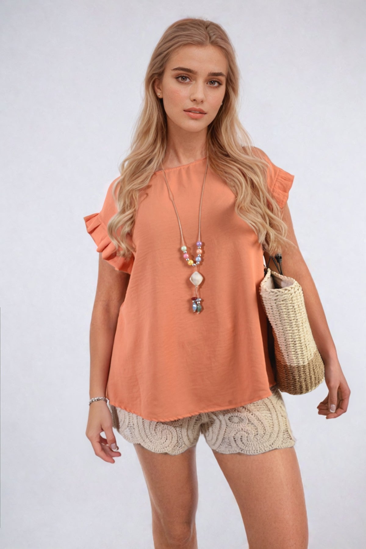 Vera Ruffle Trim Sleeve Top - Orange