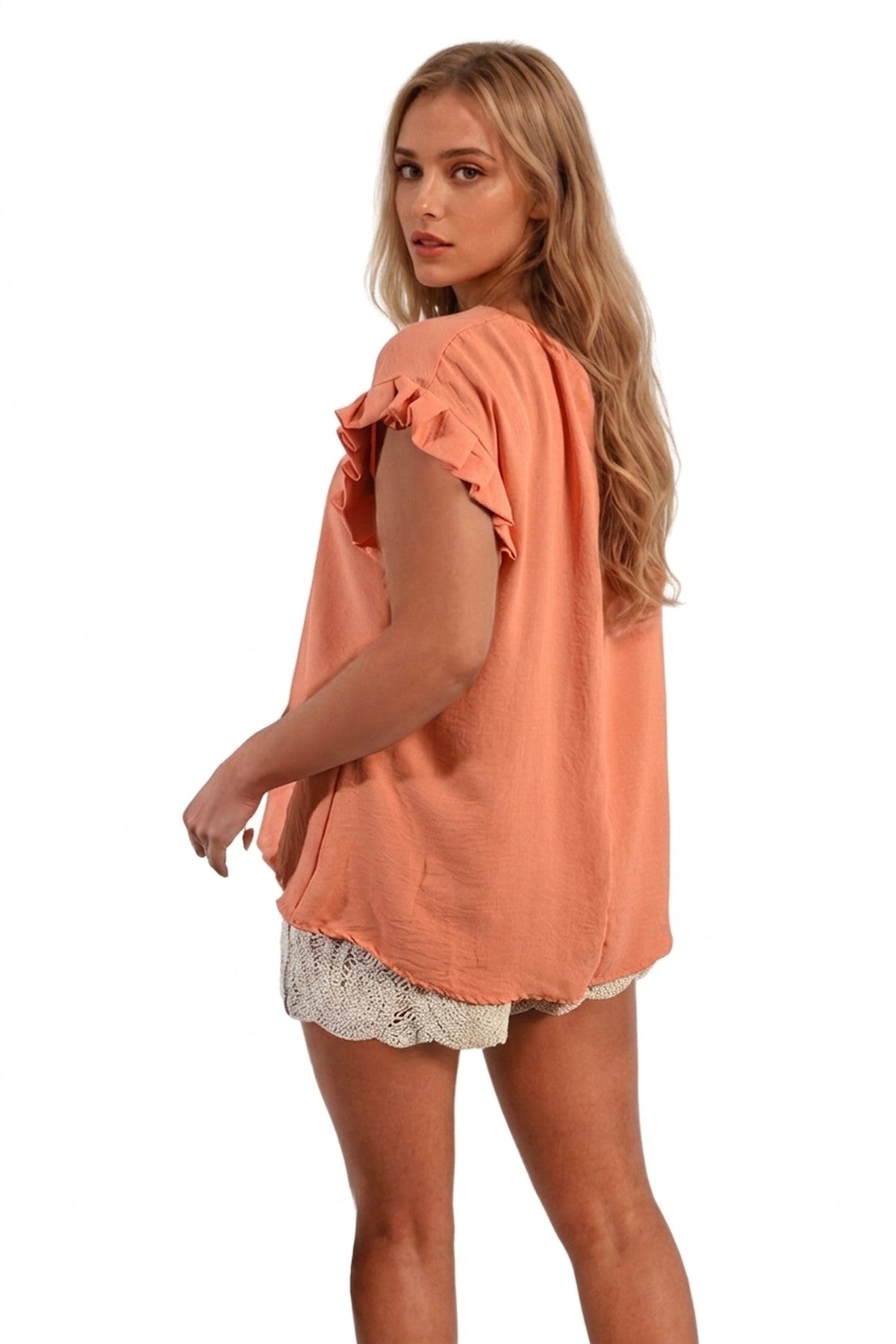 Vera Ruffle Trim Sleeve Top - Orange_wb