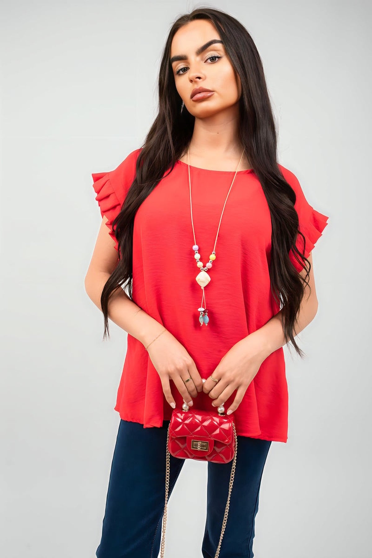 Vera Ruffle Trim Sleeve Top - Red