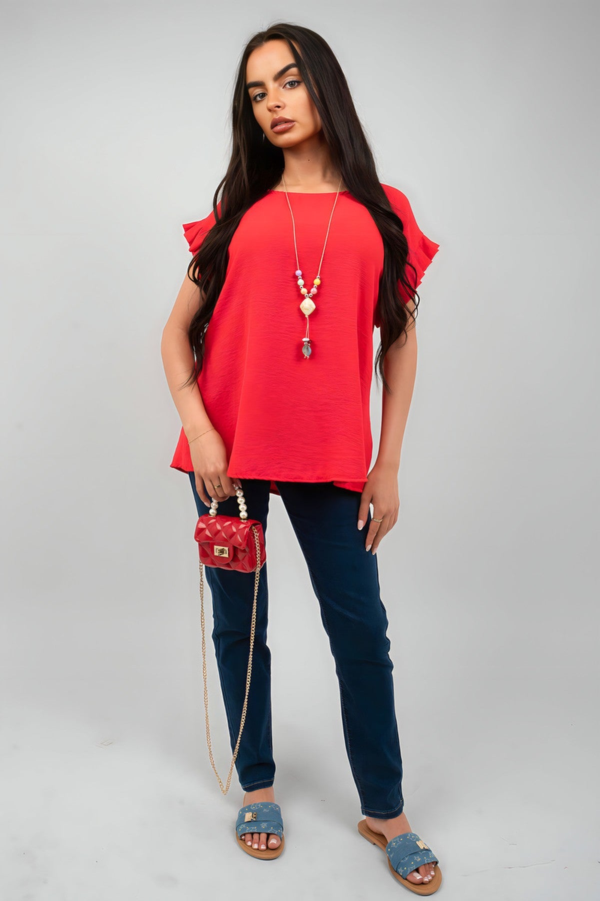 Vera Ruffle Trim Sleeve Top - Red