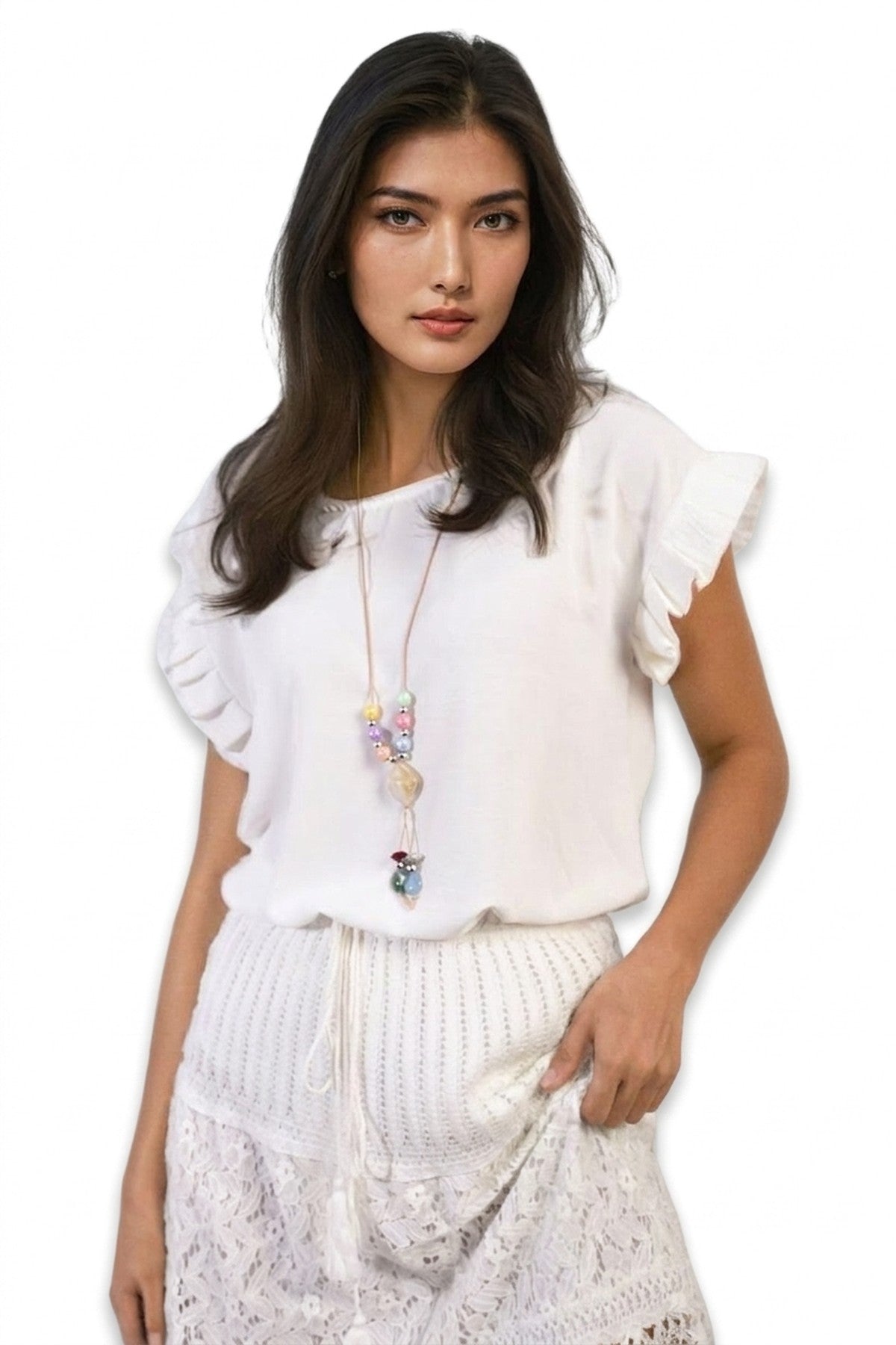 Vera Ruffle Trim Sleeve Top - White_wb