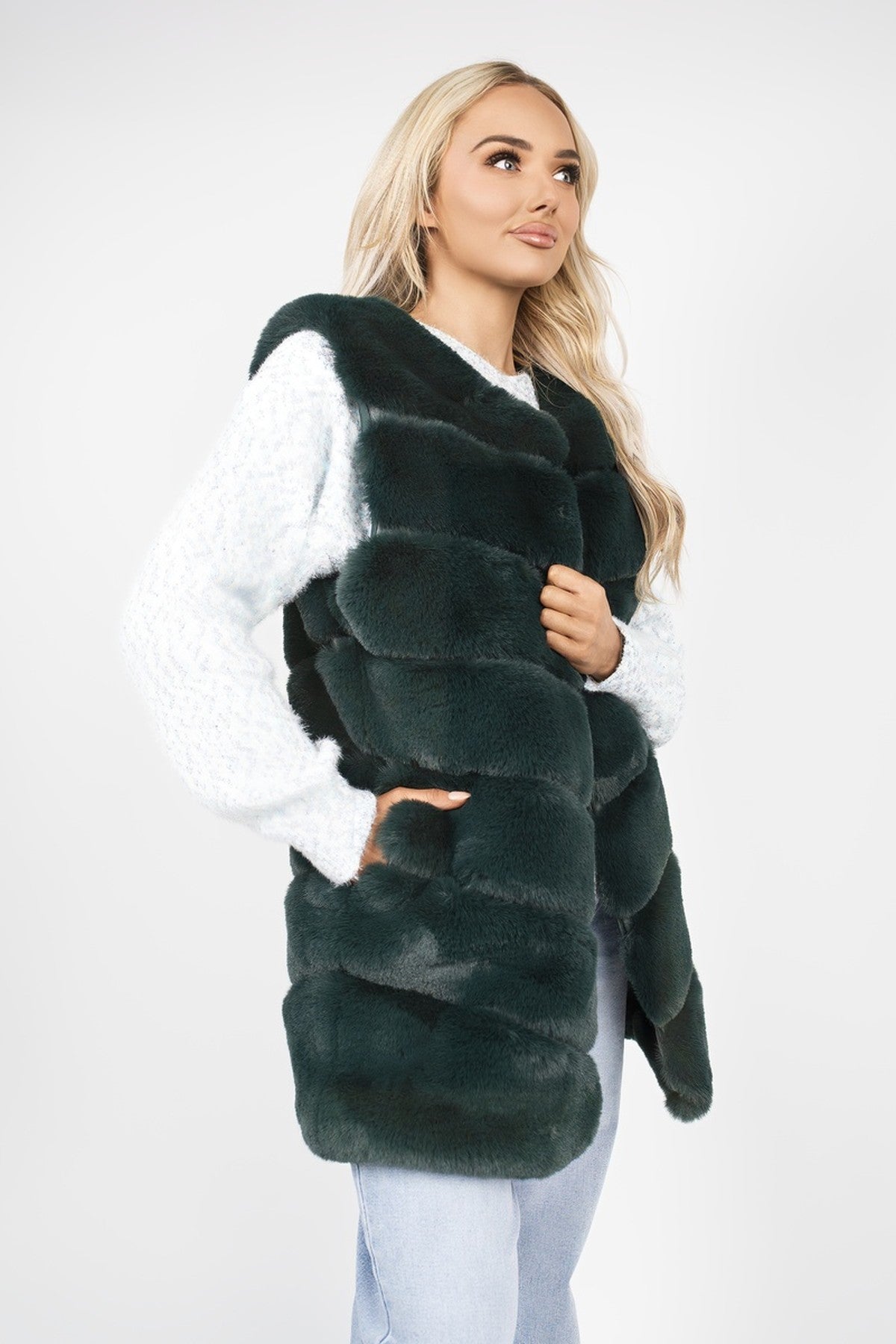 Verina Sleeveless Faux Fur Longline Gilet - Dark Green