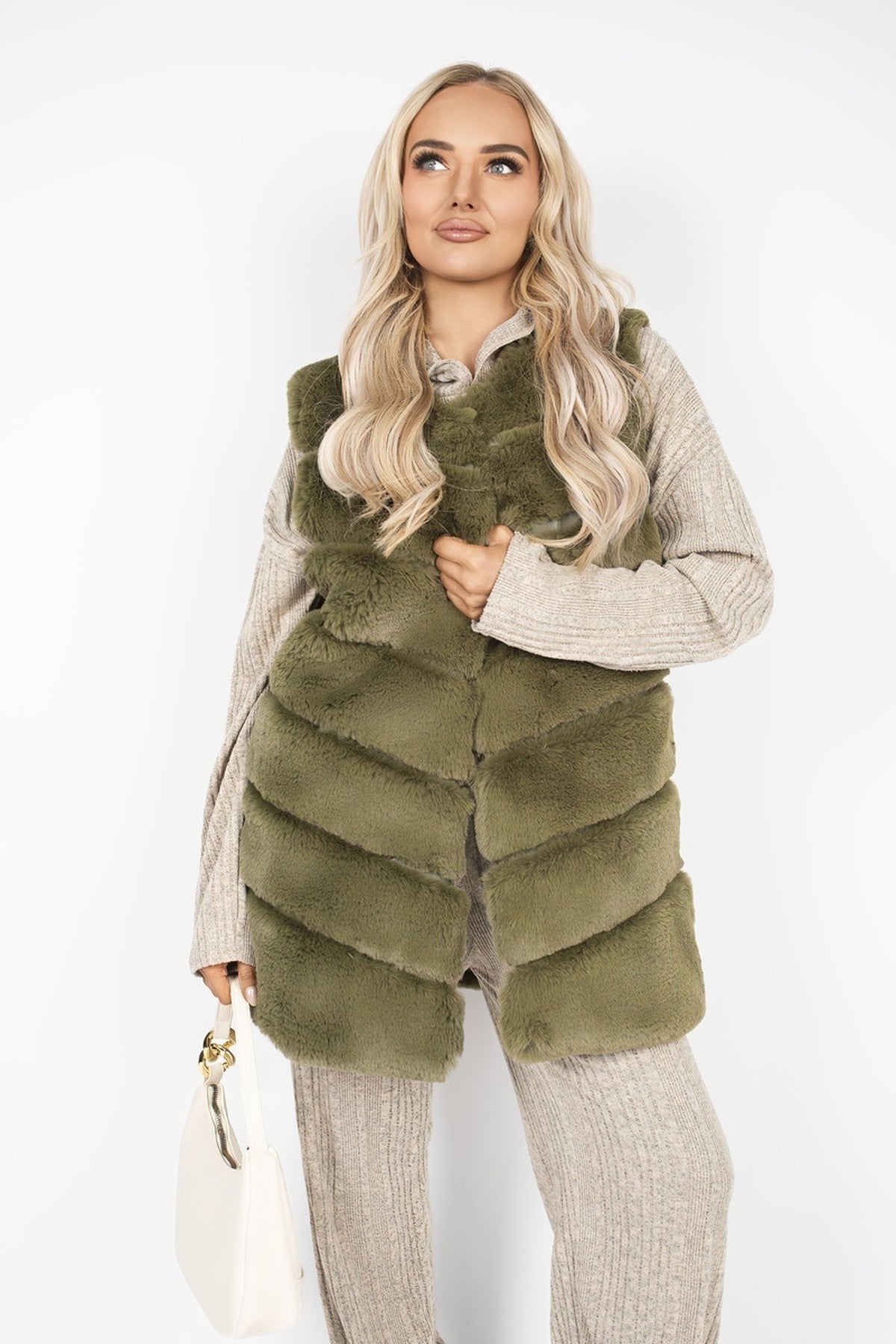 Verina Sleeveless Faux Fur Longline Gilet - Khaki