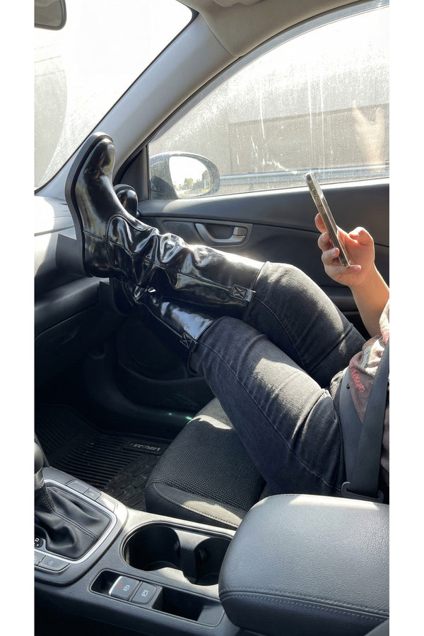 Verira Patent Knee High Block Heel Boots - Black