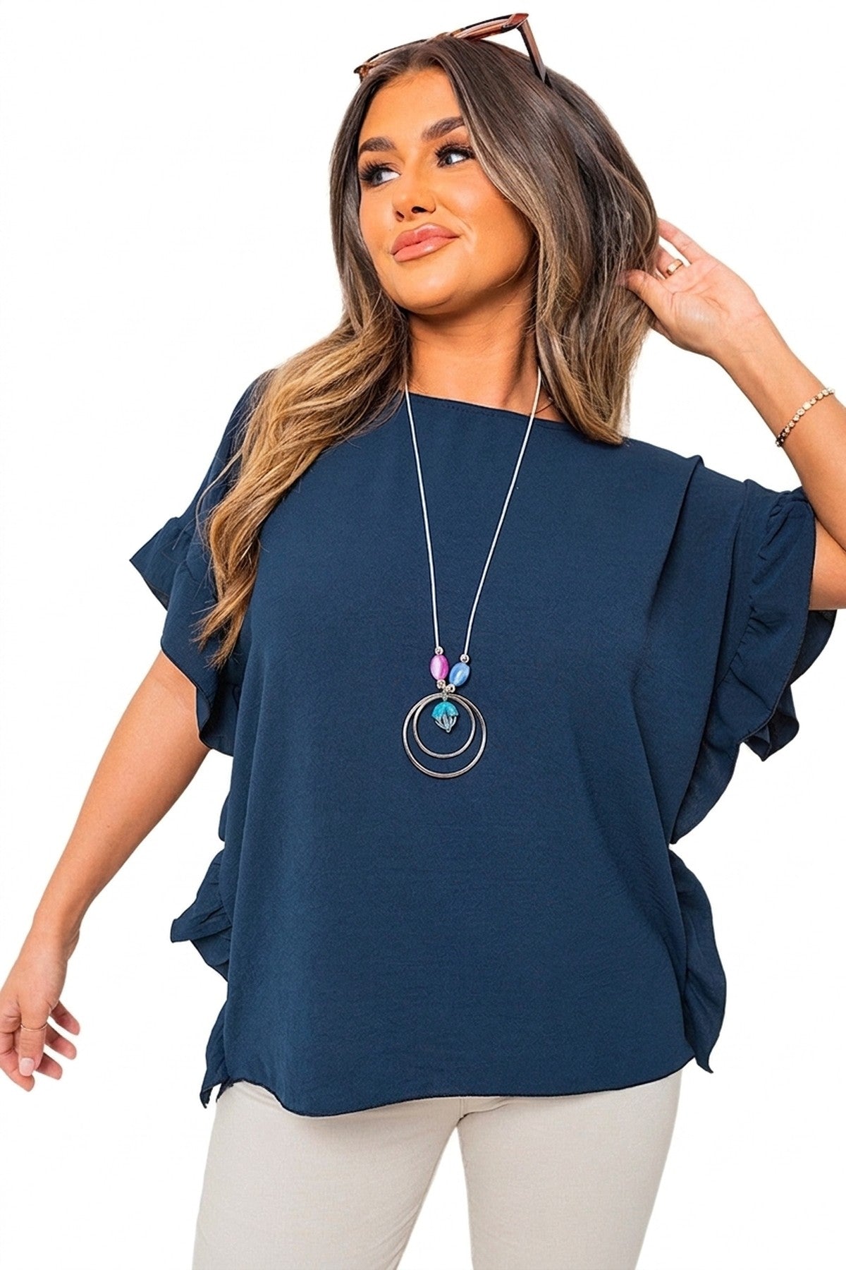 Vienna Frill Sleeve Top With Chain - NAVY_wb
