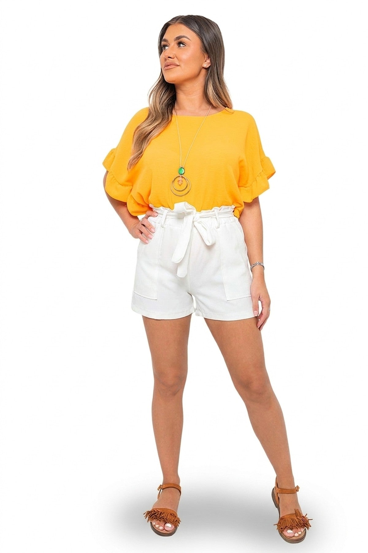 Vienna Frill Sleeve Top With Chain - ORANGE_wb