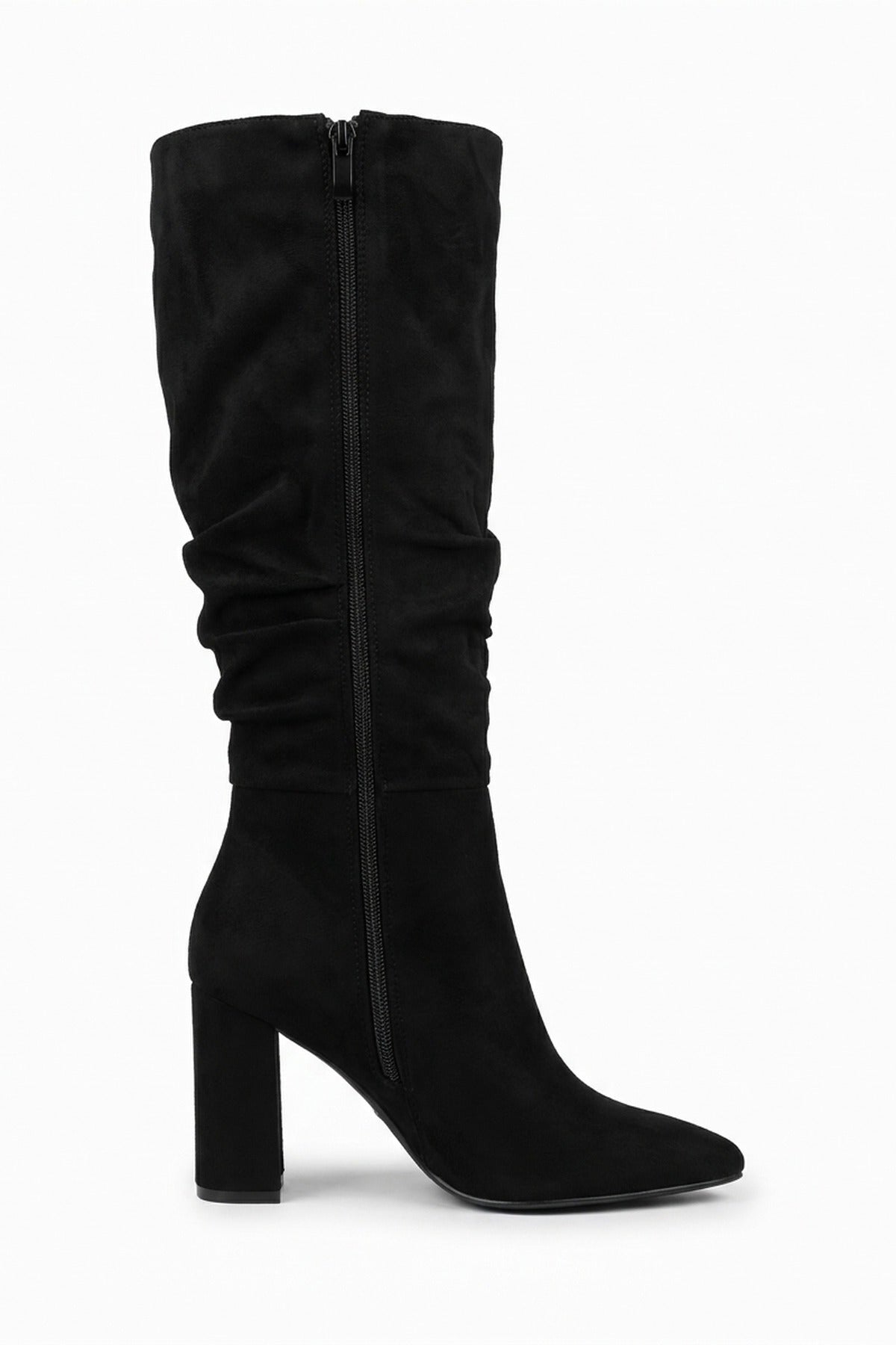 Vita Slouchy Faux Suede Knee High Block Heel Boots - Black