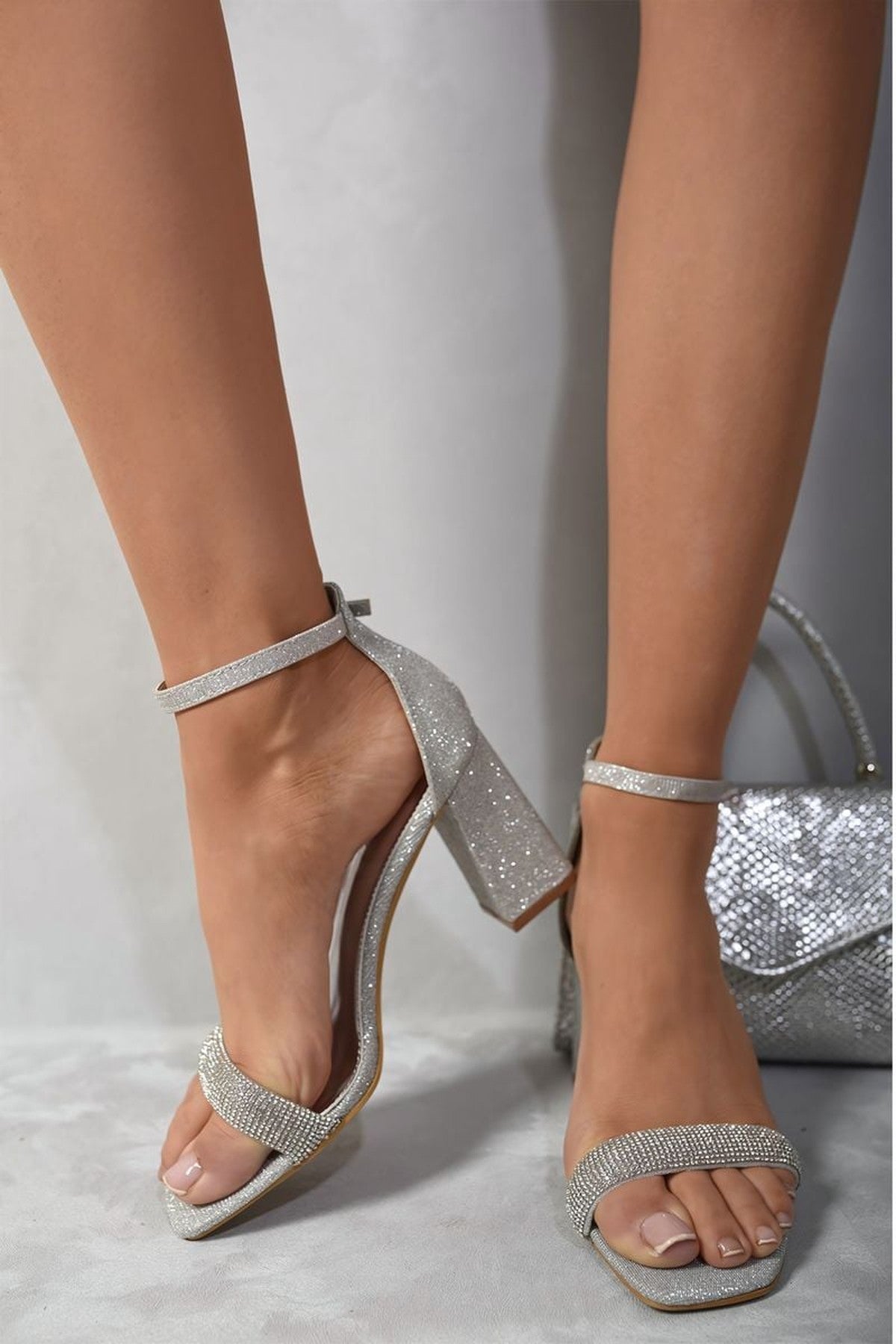 Vivian Rhinestone Ankle Strap Block High Heels - Silver