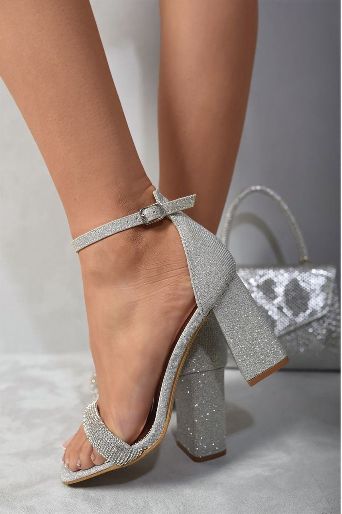 Vivian Rhinestone Ankle Strap Block High Heels - Silver