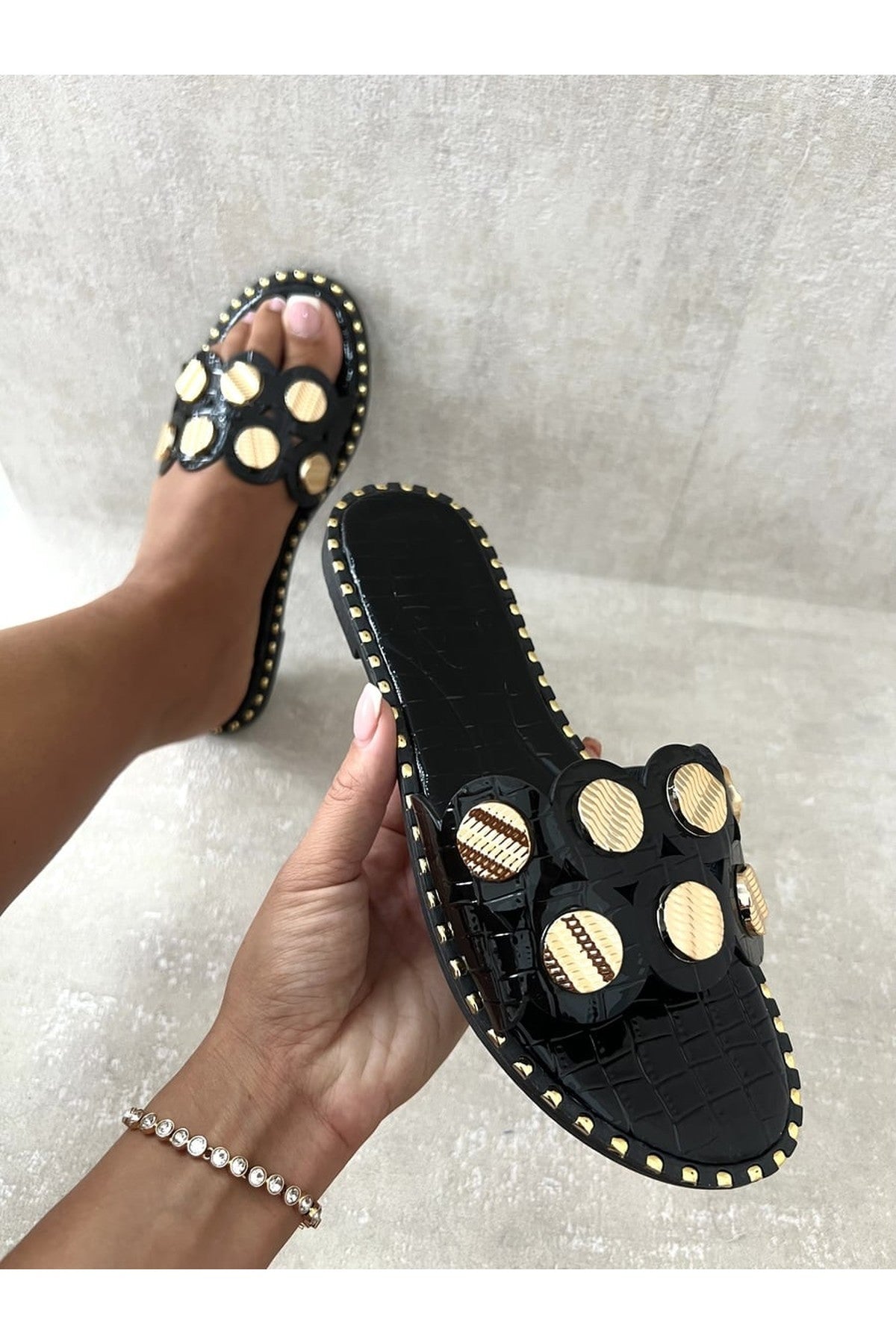 Vivian Studded Strap Flat Sandals - Black