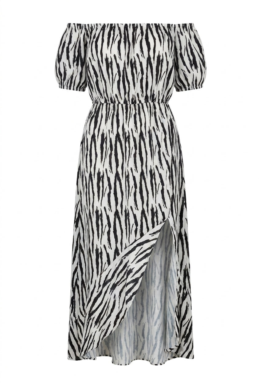 Aliza Off Shoulder Printed Split Midi Dress - Black/white