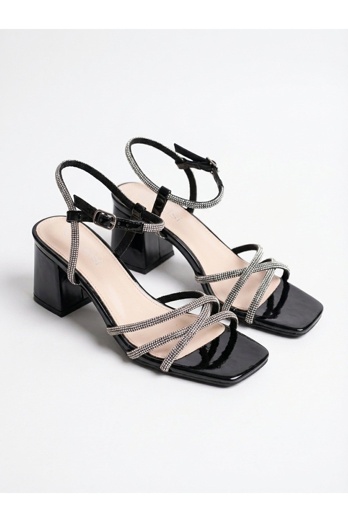 Willow Rhinestone Block Heel Sandals - Black