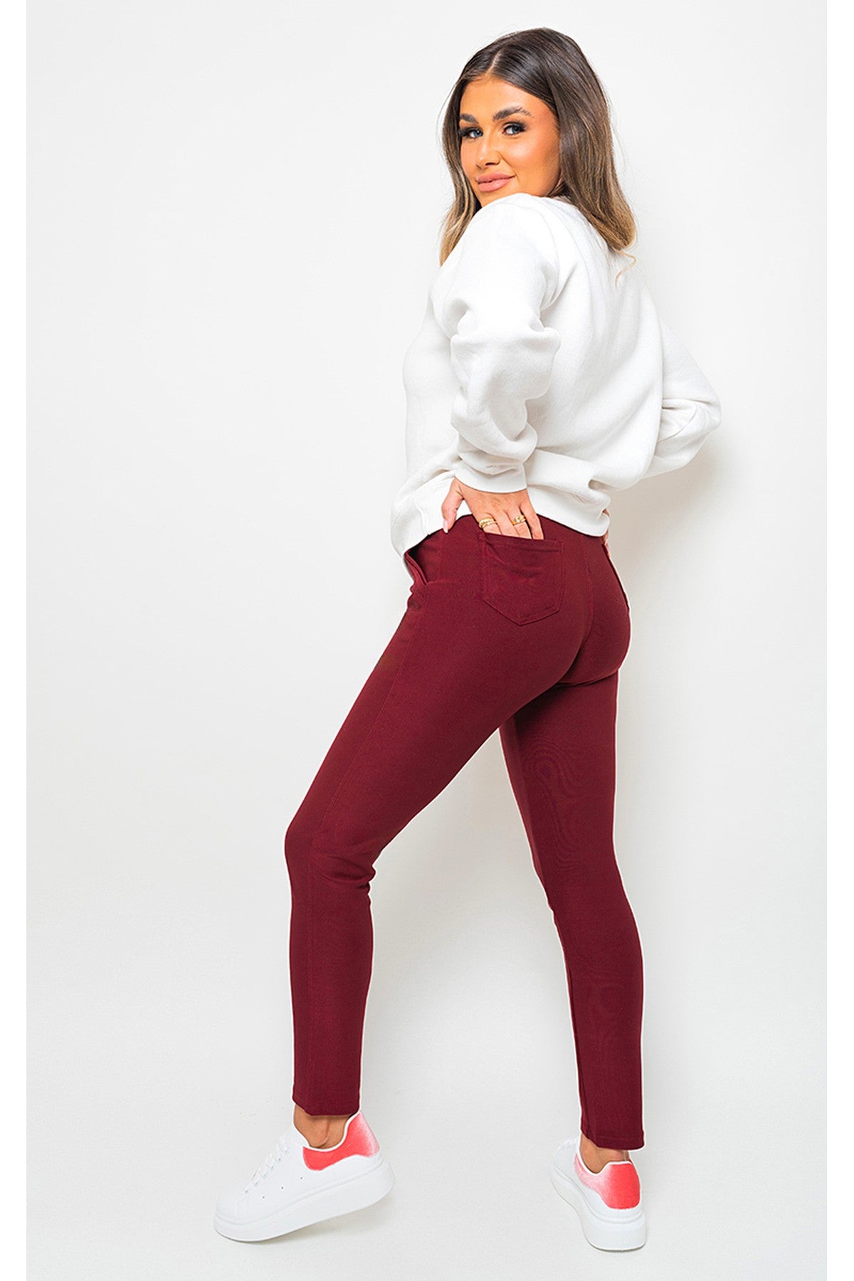 Selene Wide Waistband Trouser With Front Pockets - Wine