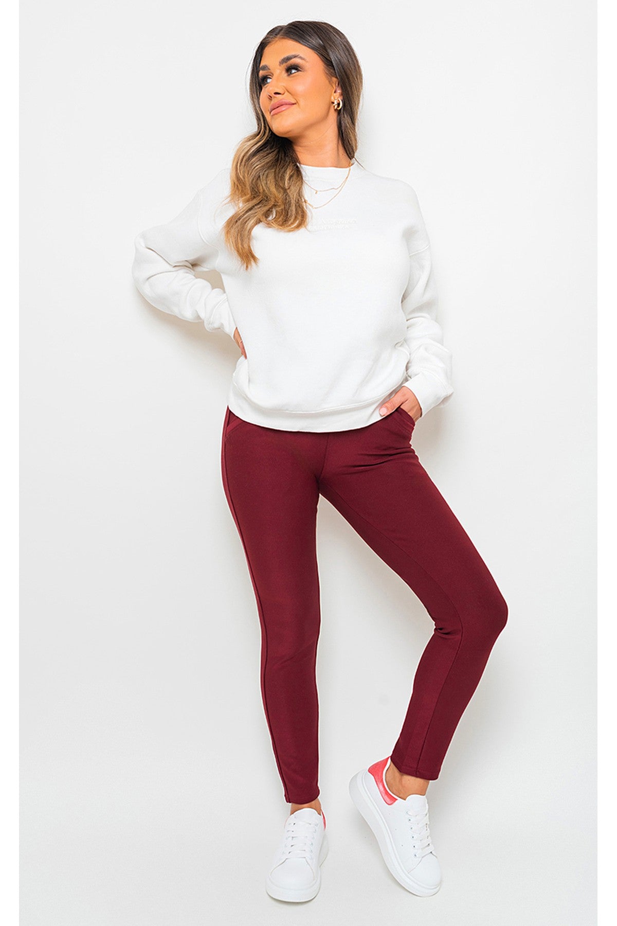 Selene Wide Waistband Trouser With Front Pockets - Wine