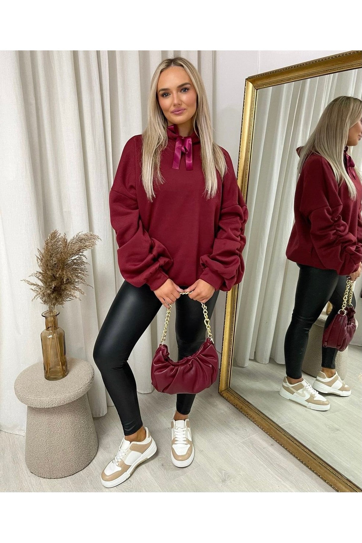 Clarissa Oversized Ruched Sleeves Knitted Hoodie With Ribbon Detail - Wine