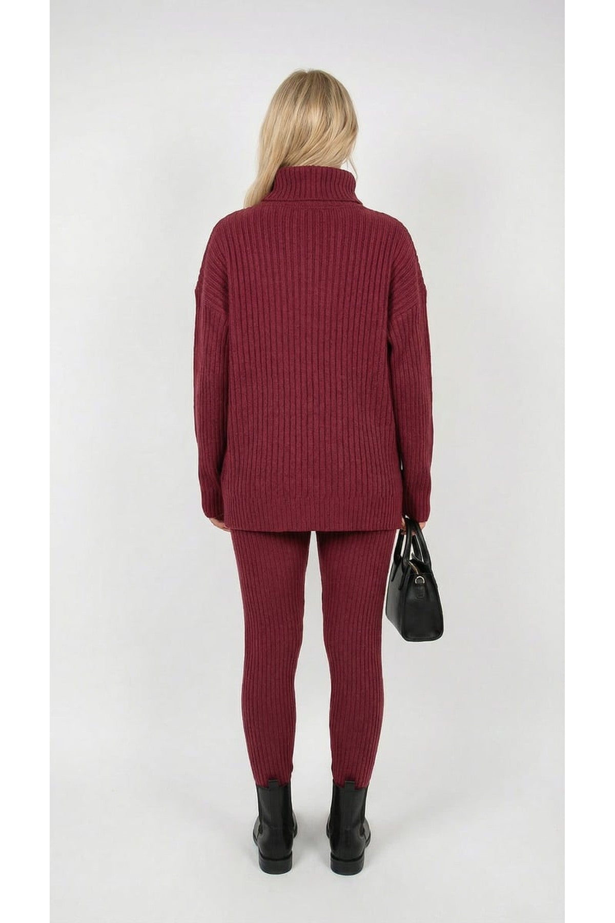 Mila Chunky Knitted High Roll Neck Top Bottom Co-ord Set - Wine