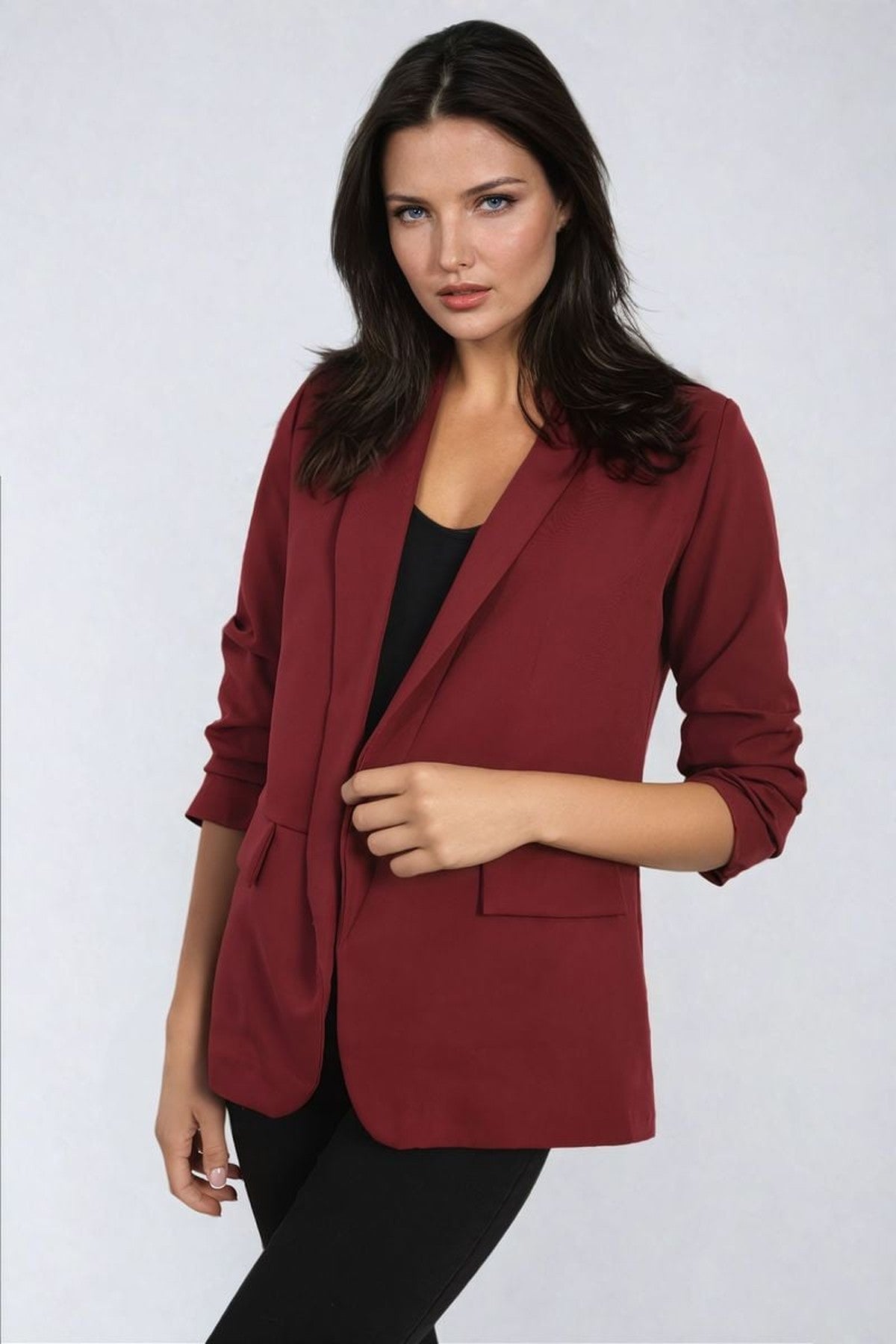 Valerie Ruched Sleeve Open Front Blazer Jacket With Front Pockets - Wine