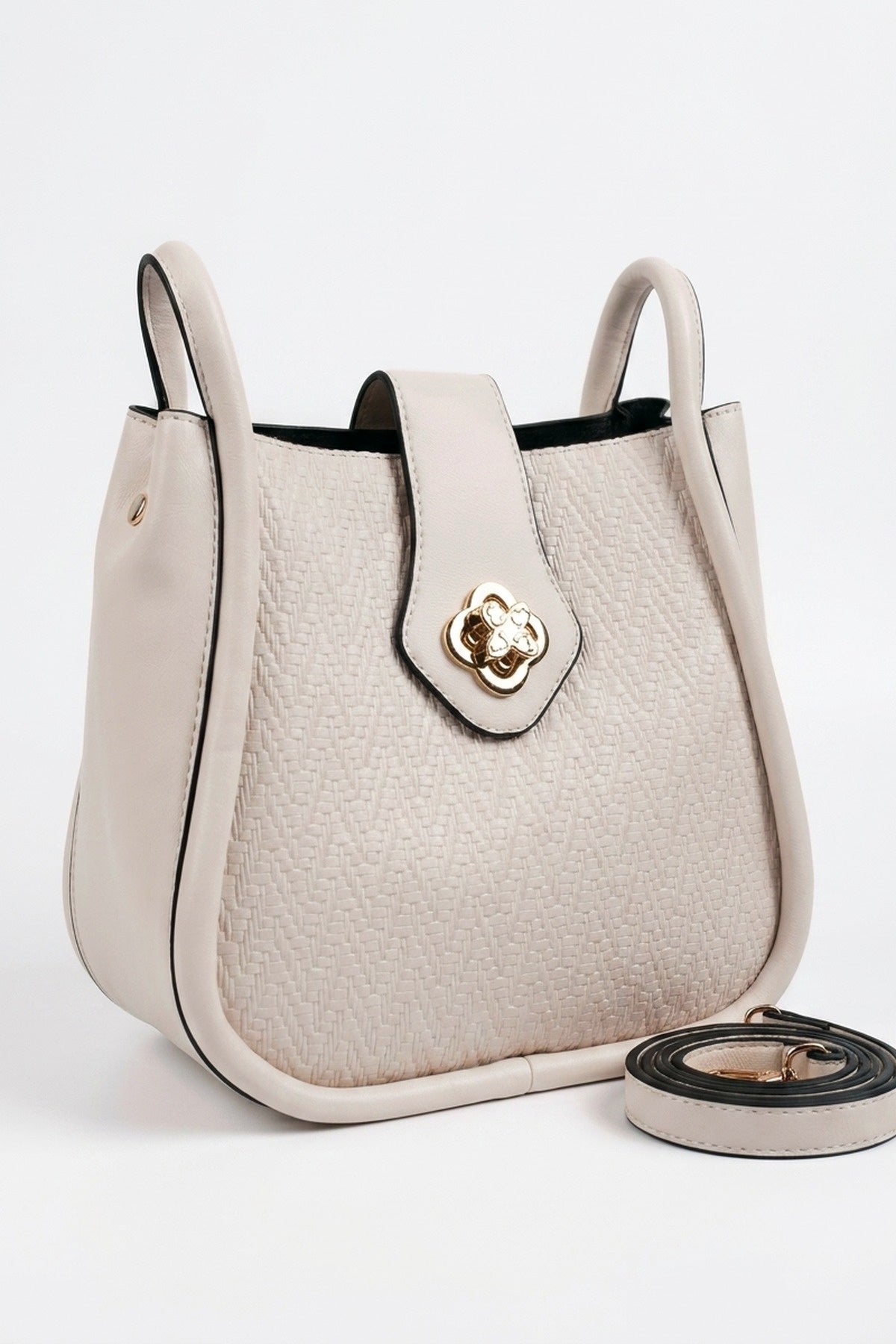 Cordelia Woven Panel Shoulder Bag - Beige