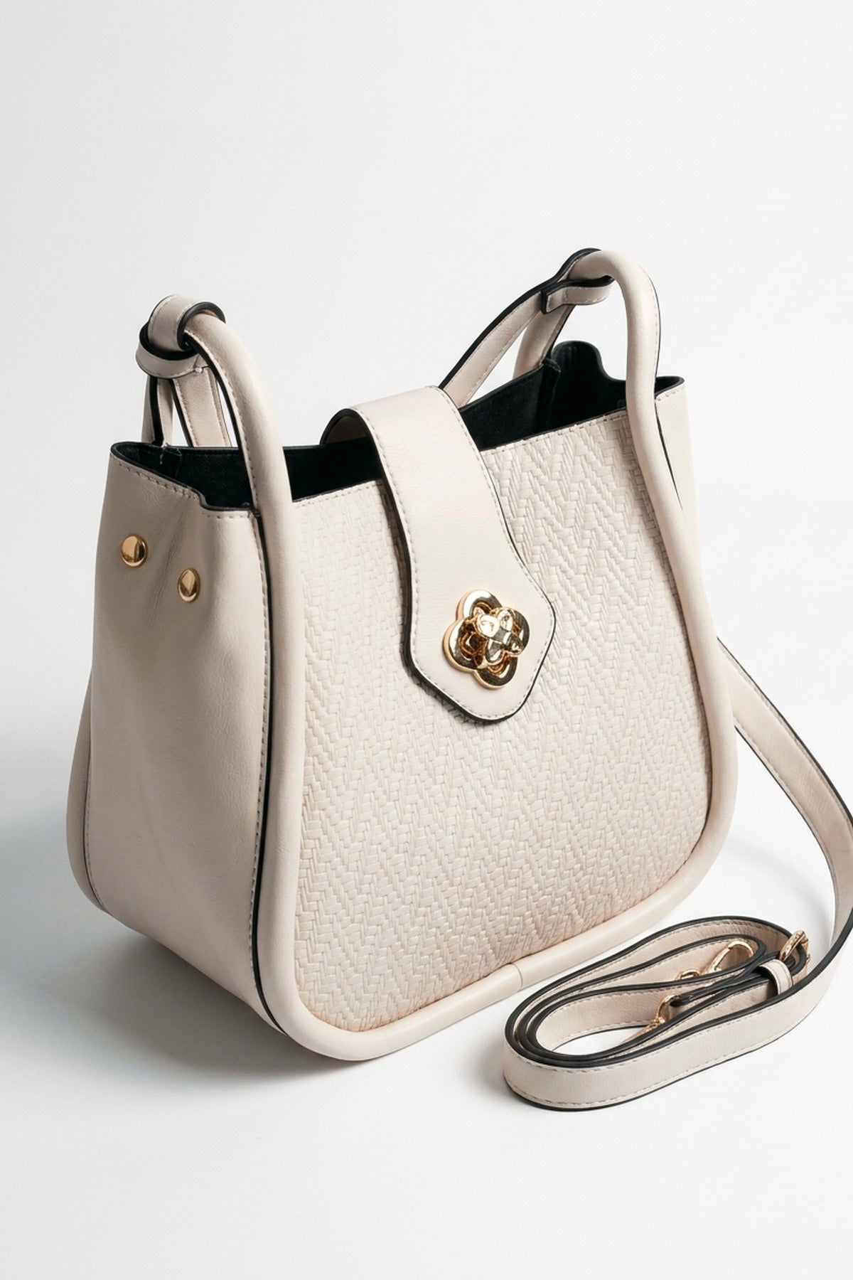 Cordelia Woven Panel Shoulder Bag - Beige
