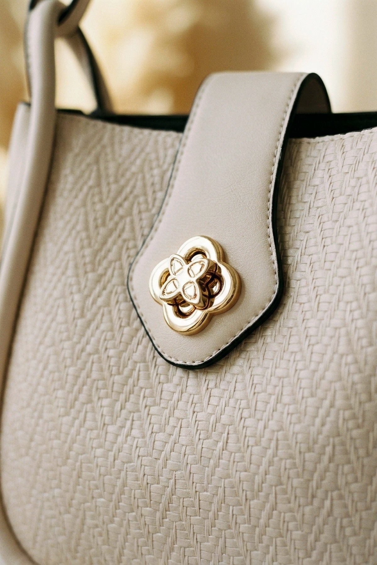 Cordelia Woven Panel Shoulder Bag - Beige