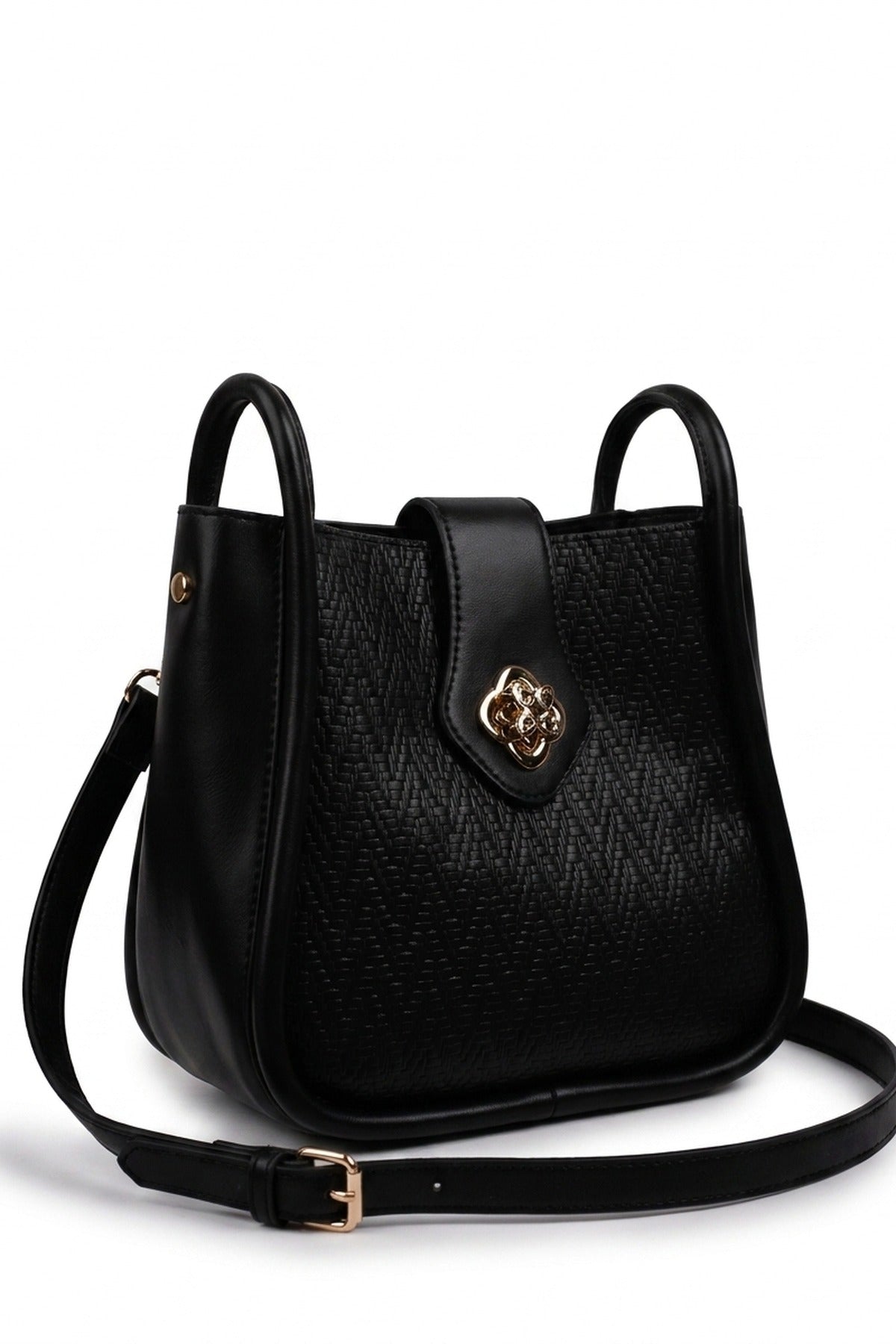 Cordelia Woven Panel Shoulder Bag - Black