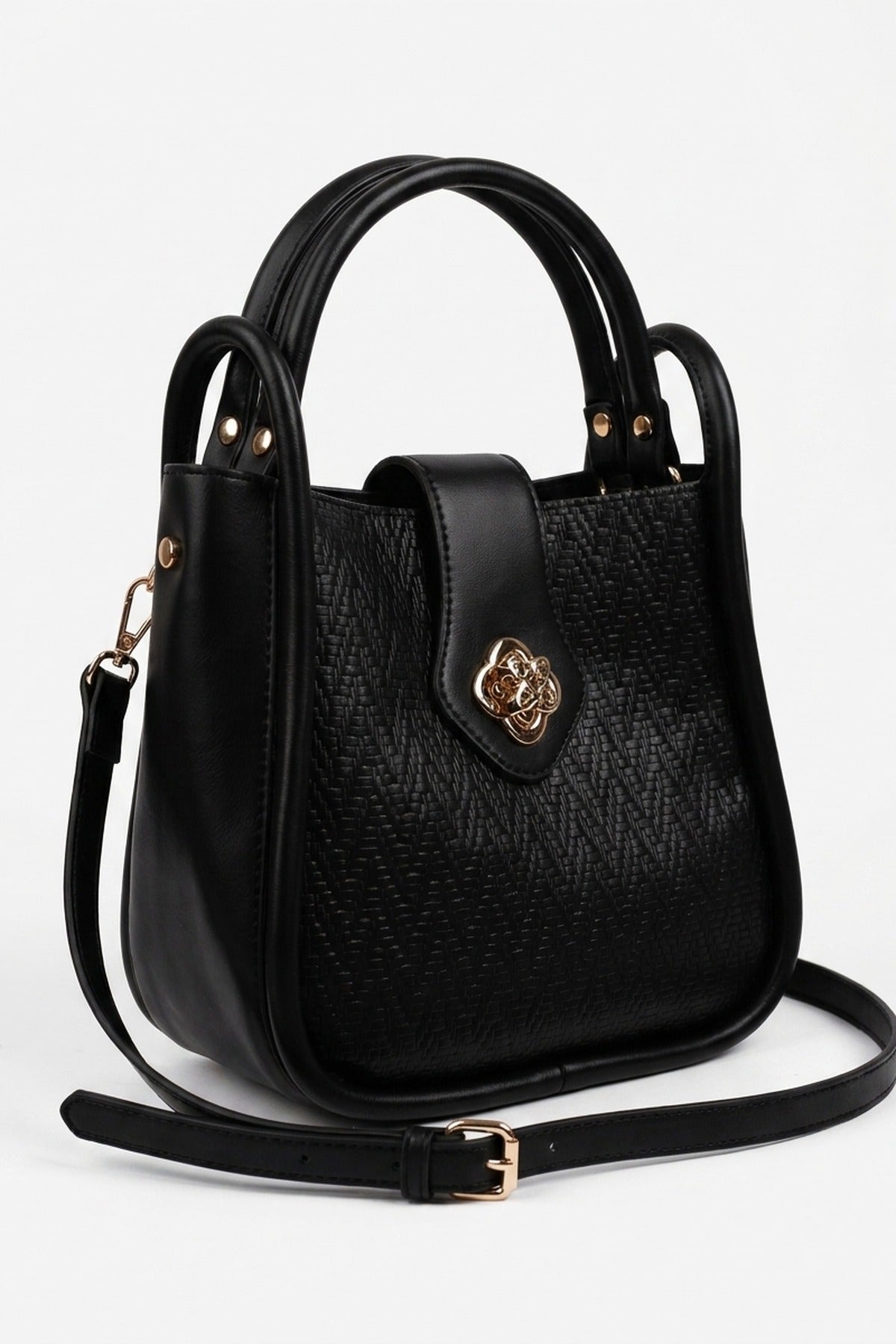 Cordelia Woven Panel Shoulder Bag - Black