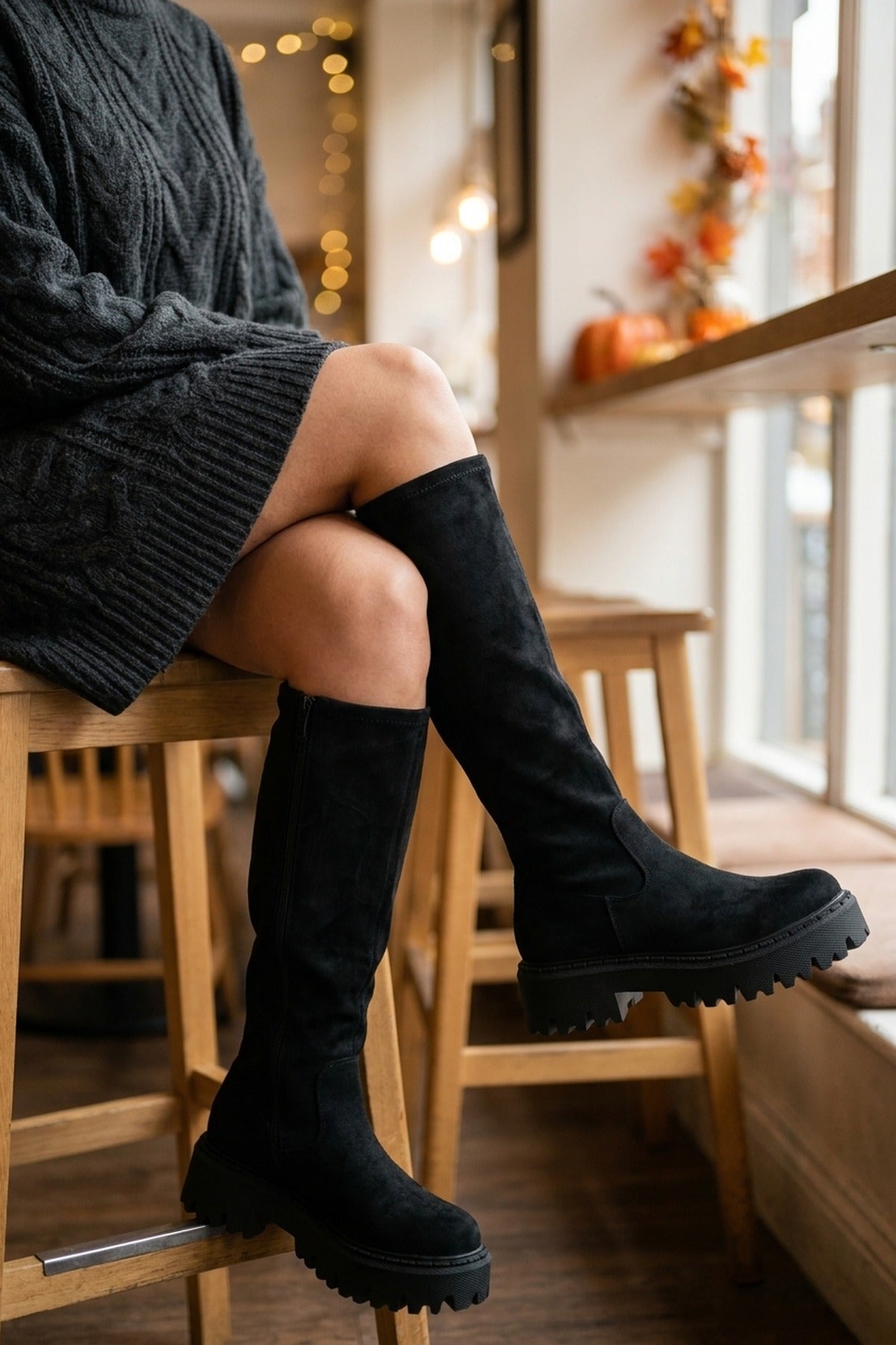 Sybil Knee High Chunky Sole Boots - Black