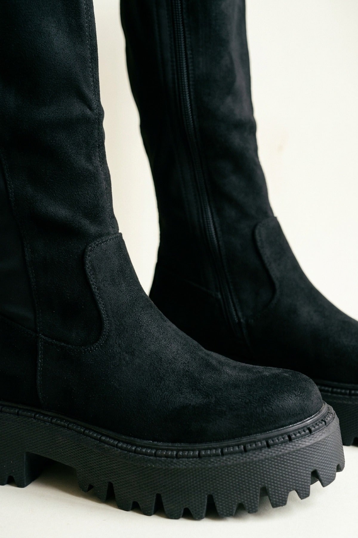 Sybil Knee High Chunky Sole Boots - Black